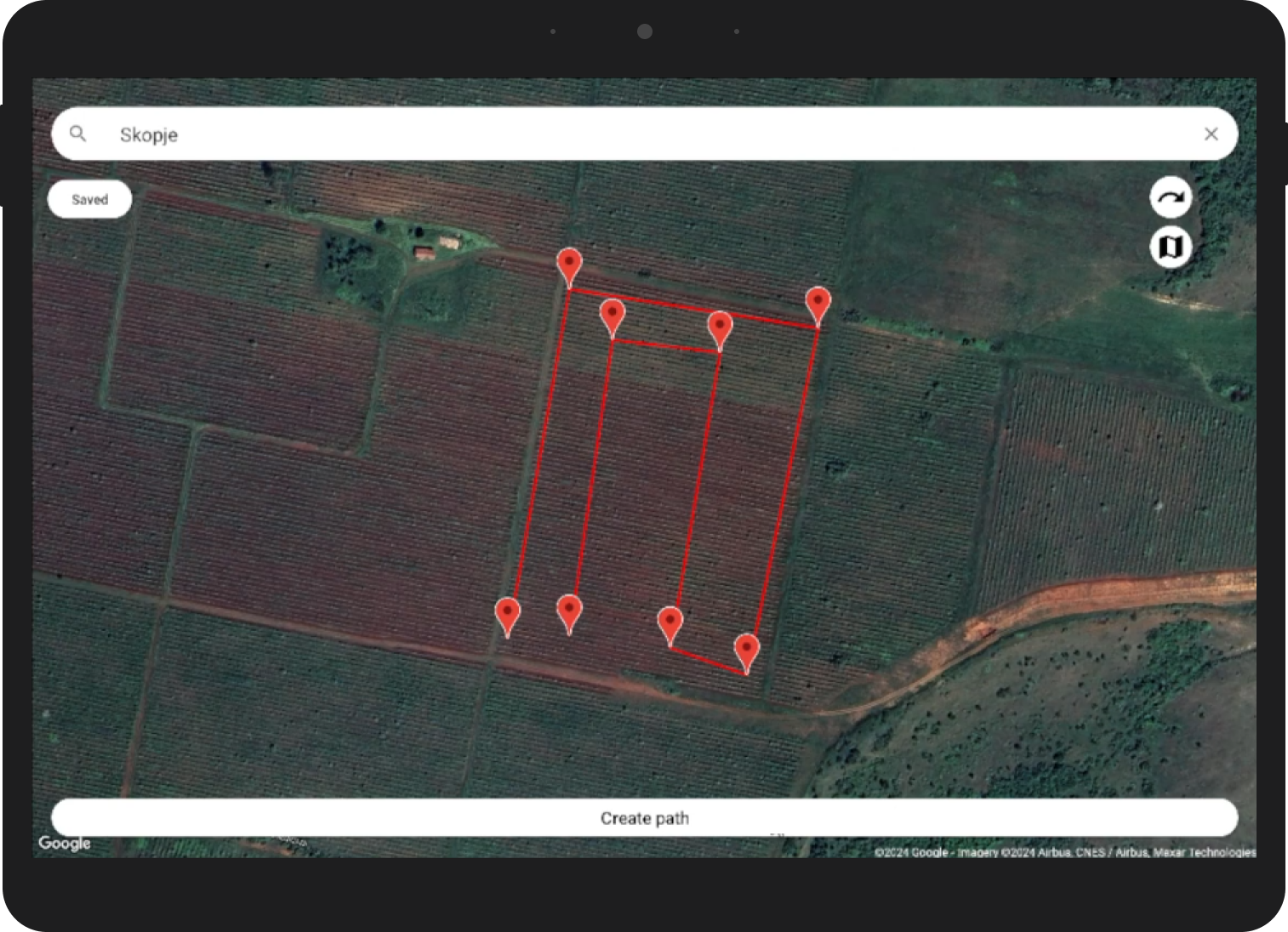 PathPoint mobile app by Jakov Spirovski – a native Android solution developed in Java and XML using RoomDB and Figma, designed for agricultural automation. The app displays an interactive map UI on a tablet or smartphone, allowing users to plot GPS waypoints for autonomous robot navigation. It transmits real-time coordinate data to an Arduino-based robot, streamlining mapping and automation tasks in precision farming and smart agriculture environments.