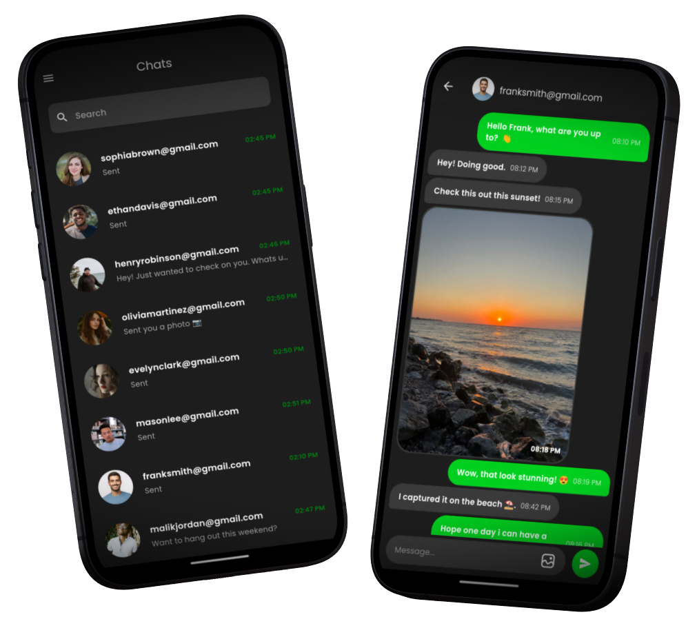 Sync mobile chat app by Jakov Spirovski – developed with Flutter, Dart, Firebase, and Figma, this real-time messaging app features a minimalistic dark-mode UI focused on seamless communication. The app supports image sharing, profile uploads, and both dark and light themes, offering a clean, modern chat experience for mobile users. Designed with a simplicity-first philosophy, Sync avoids clutter and prioritizes usability and design aesthetics across all platforms.