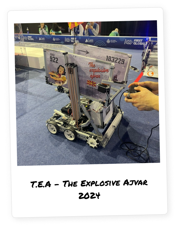 Polaroid photo of 'T.E.A – The Explosive Ajvar 2024' robot at the FIRST Global Challenge 2024, mentored by Jakov Spirovski for Team North Macedonia. The image captures a close-up of the custom-built competition robot featuring detailed mechanical components, graphics, and a controller-operated system. Showcasing innovation and engineering excellence from North Macedonia’s national robotics team.