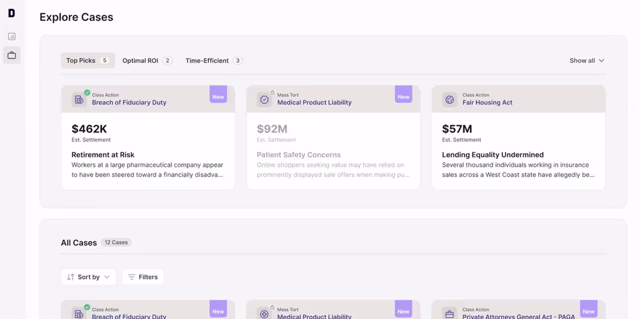 Dashboard displaying case selections including Breach of Fiduciary Duty with $462K settlement, Medical Product Liability with $92M settlement, and Fair Housing Act with $57M settlement.