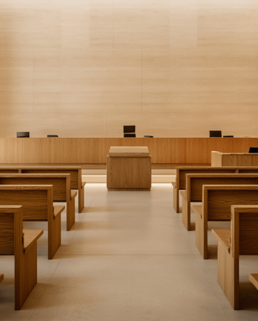 Empty modern courtroom with wooden benches and judge’s bench in light beige tones.