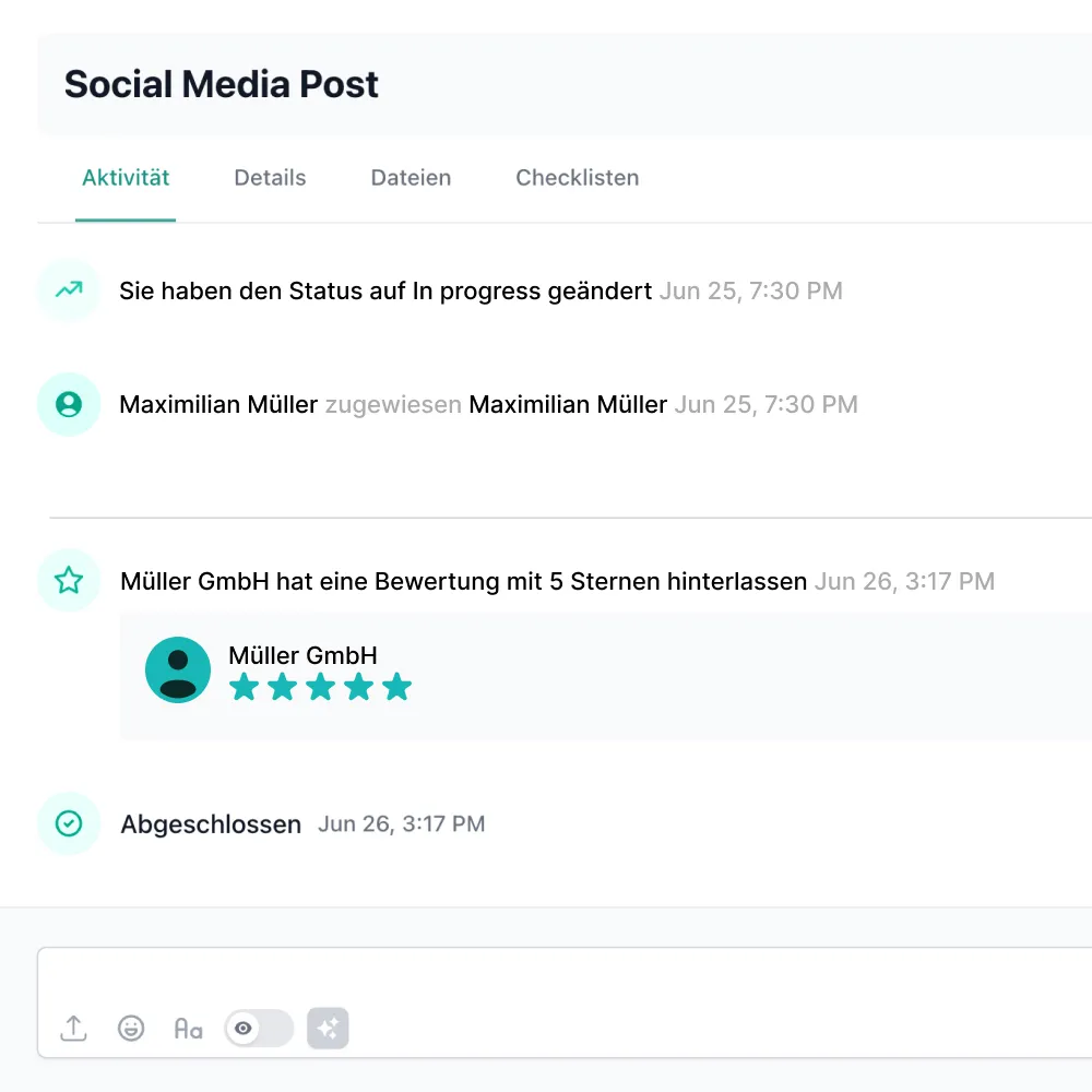 Aktivitätsverlauf eines Social-Media-Posts mit Statusänderung auf In progress, Zuweisung an Maximilian Müller, 5-Sterne-Bewertung von Müller GmbH und Abschluss.
