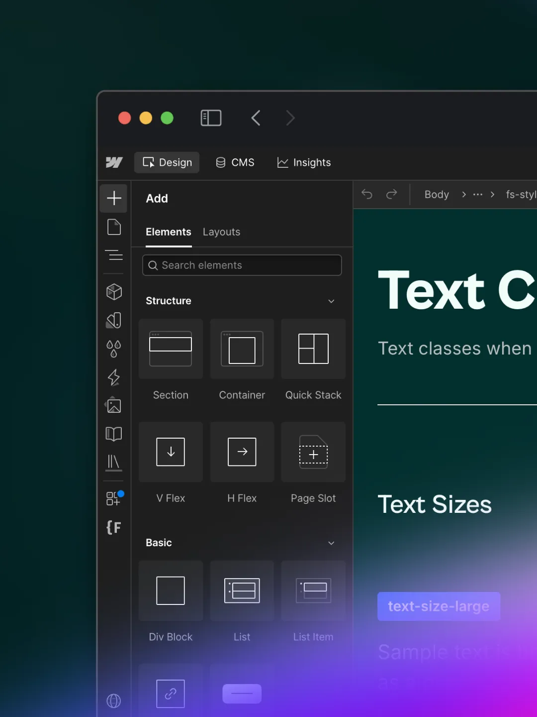 Webflow-Designer mit geöffnetem Elemente-Panel und einer Seite zu Textklassen im Style-Guide