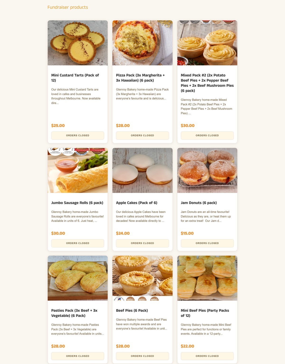 Online ordering page for the Glenroy Bakery school fundraiser campaign