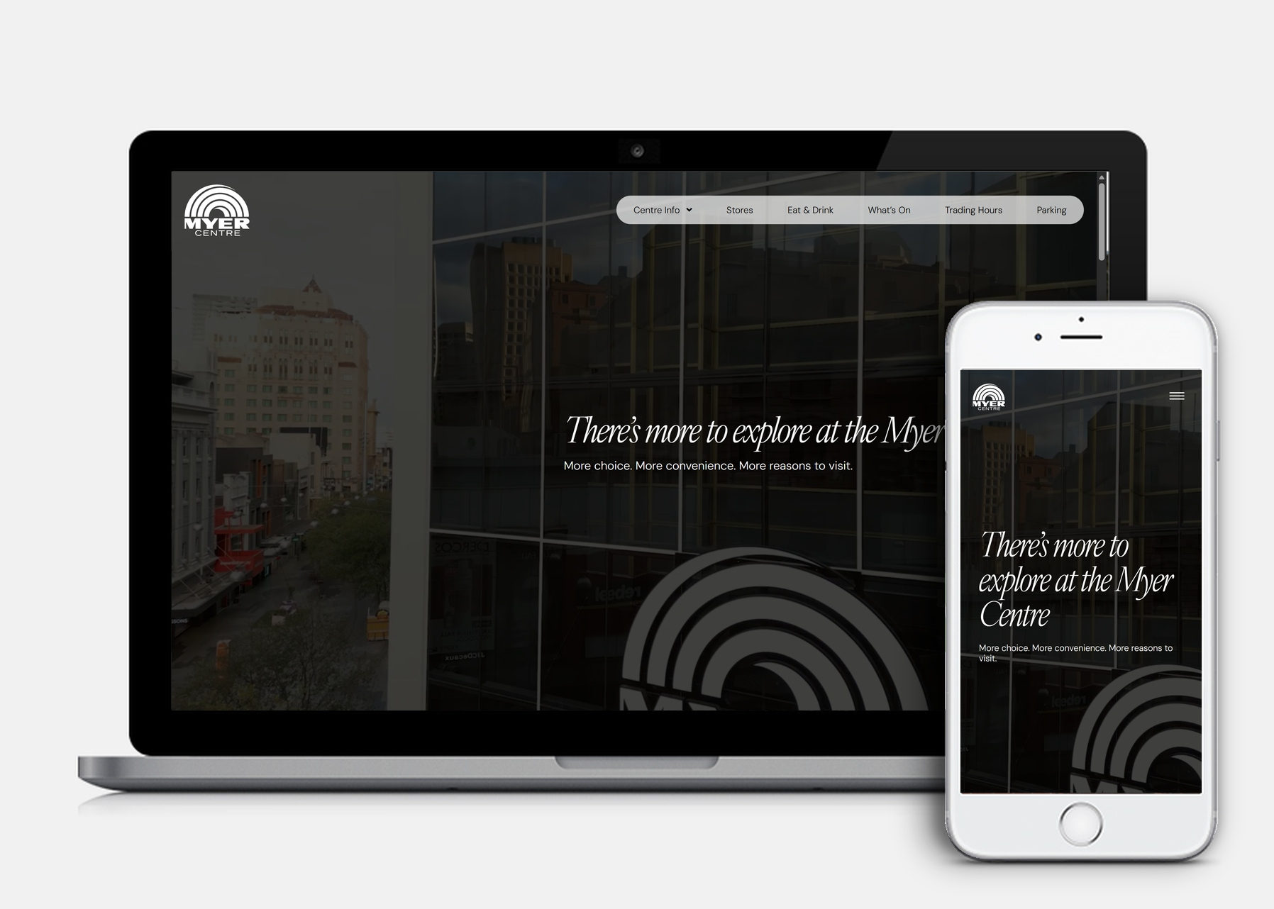 Myer Centre Adelaide website shown on laptop and phone