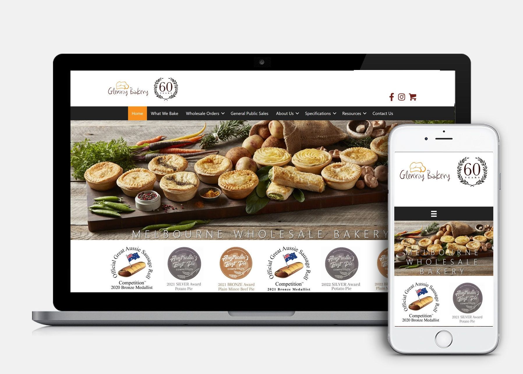 Glenroy Bakery website shown on laptop and phone