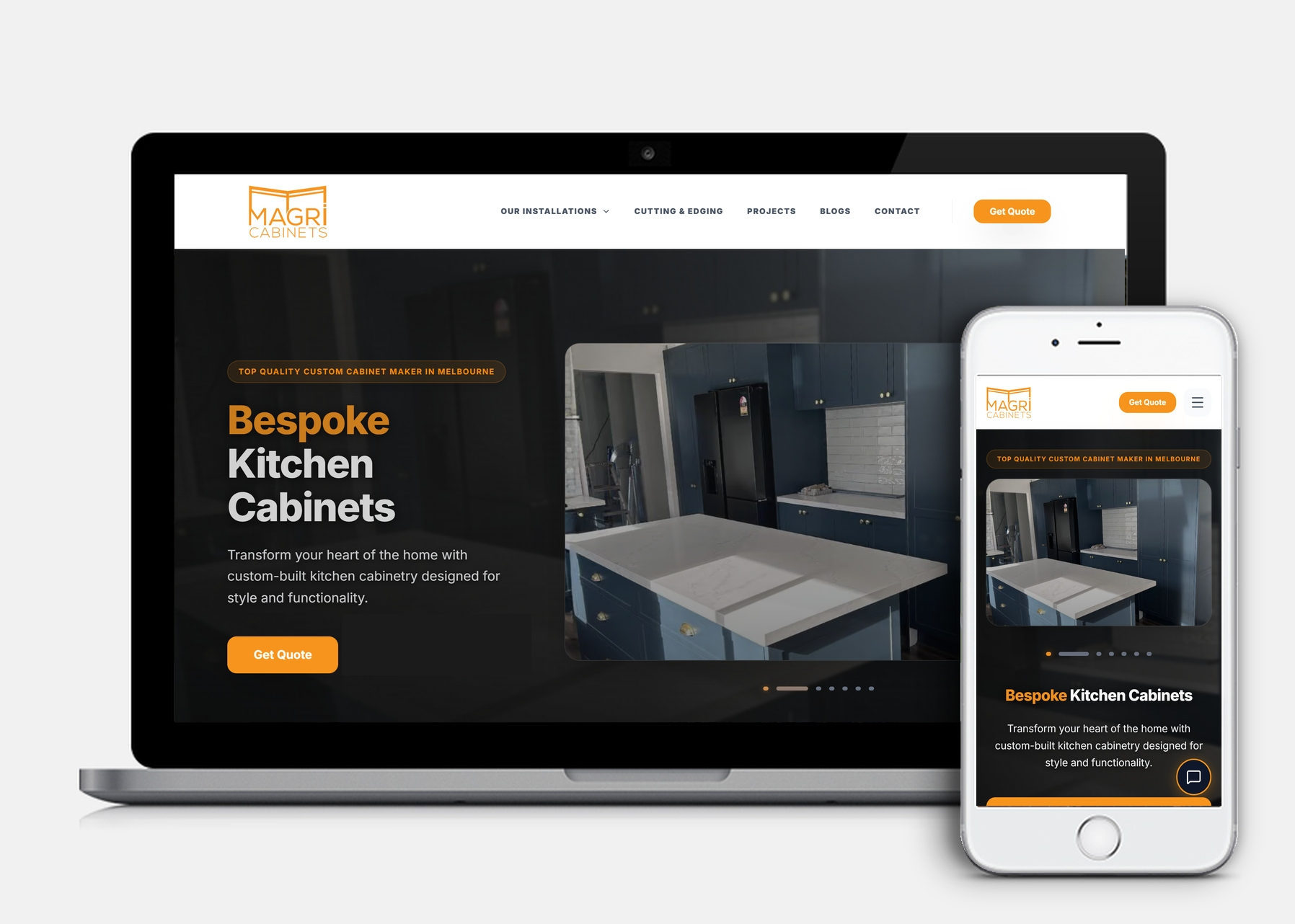 Magri Cabinets website shown on laptop and phone