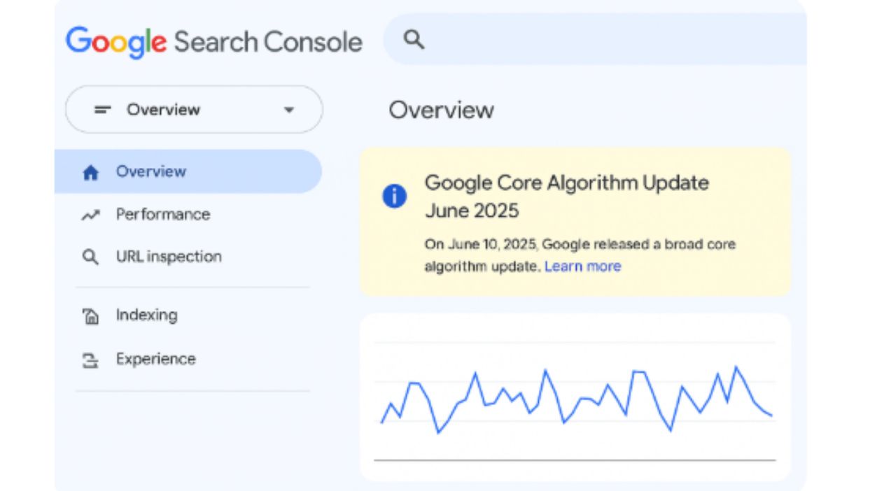 A visual representation of Google Search Console showing a June 10, 2025, alert for a new Core Algorithm Update affecting global and local SEO rankings.