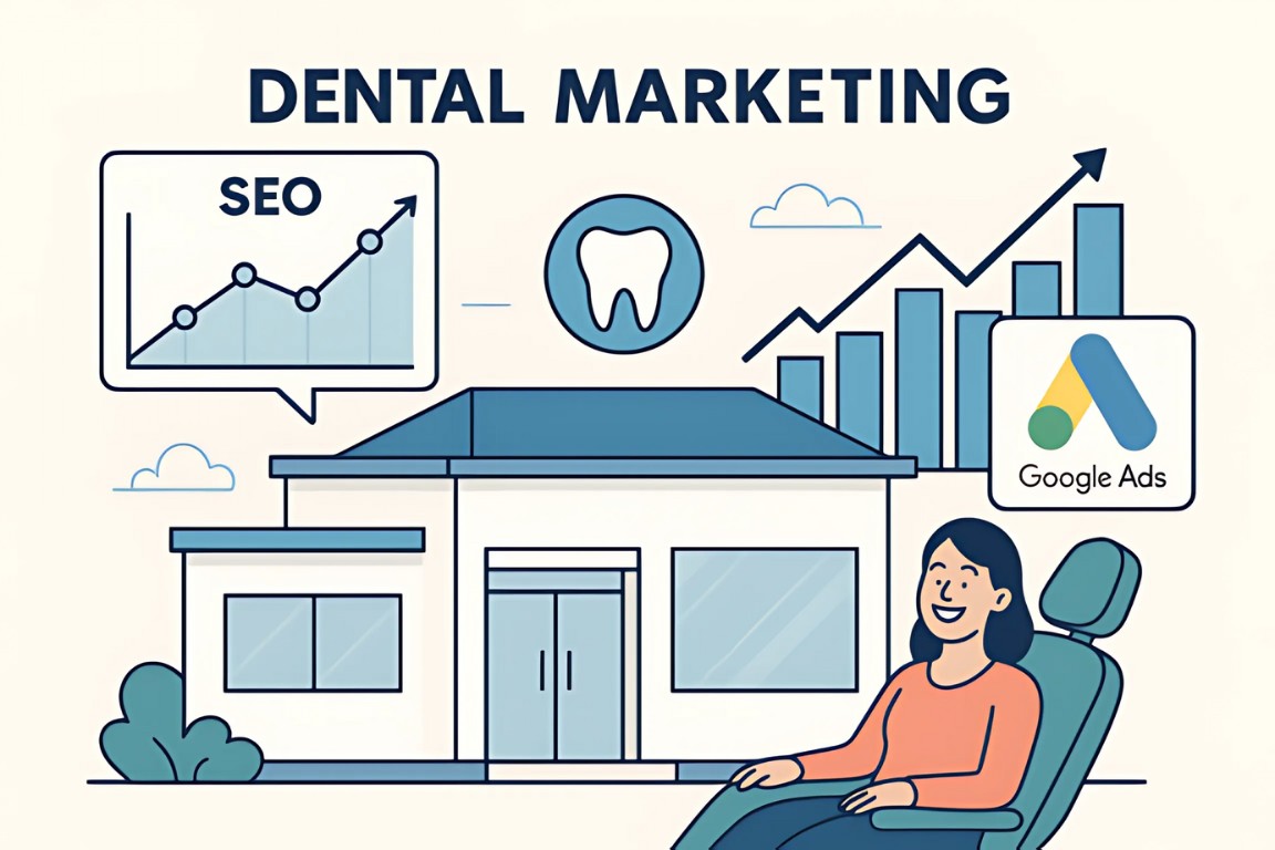 Illustration of a dental clinic with SEO graph, Google Ads logo, and a smiling patient