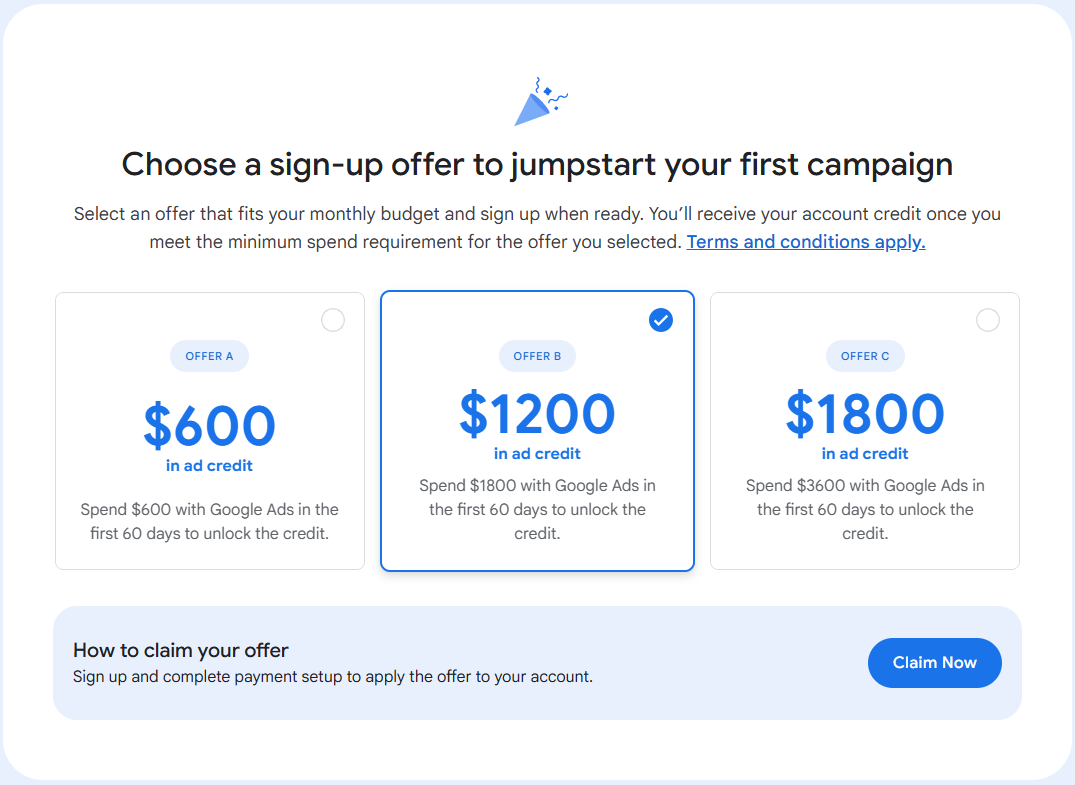 Google Ads sign-up offers showing $600, $1200, and $1800 promotional ad credits available for new advertisers.