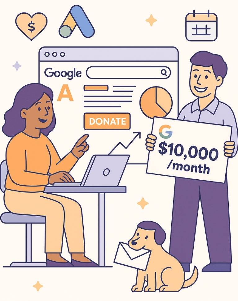 Illustration showing Google Ad Grants dashboard with search ads, donation analytics, and nonprofit staff using $10,000 in free monthly ad credits – flat pastel vector.