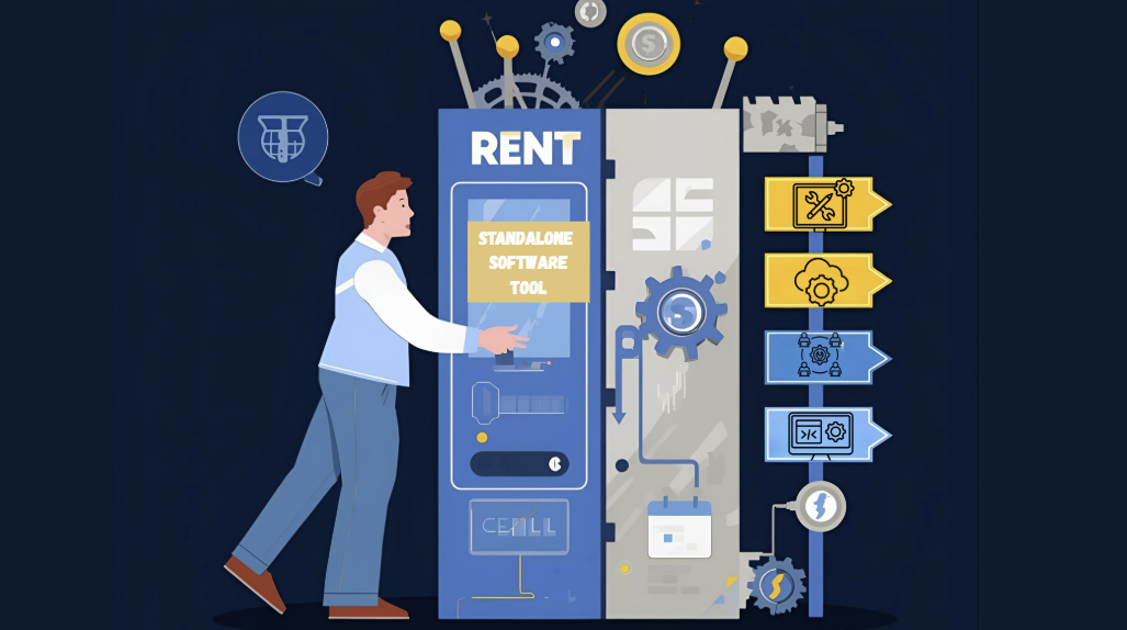 Illustration of a man renting a standalone software tool from a digital vending machine with tech icons.