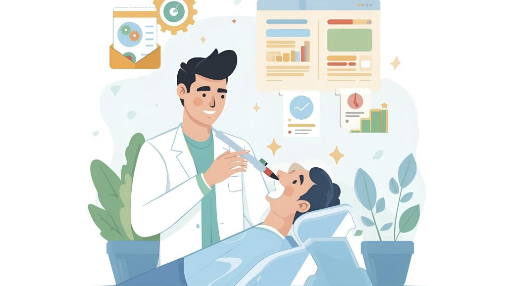 Illustration of a dentist examining a patient with charts and analytics showing dental performance data.
