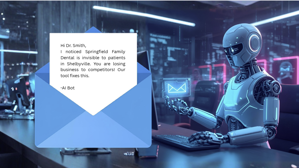 Futuristic AI robot sending an automated marketing email to a dentist in a neon-lit tech workspace.