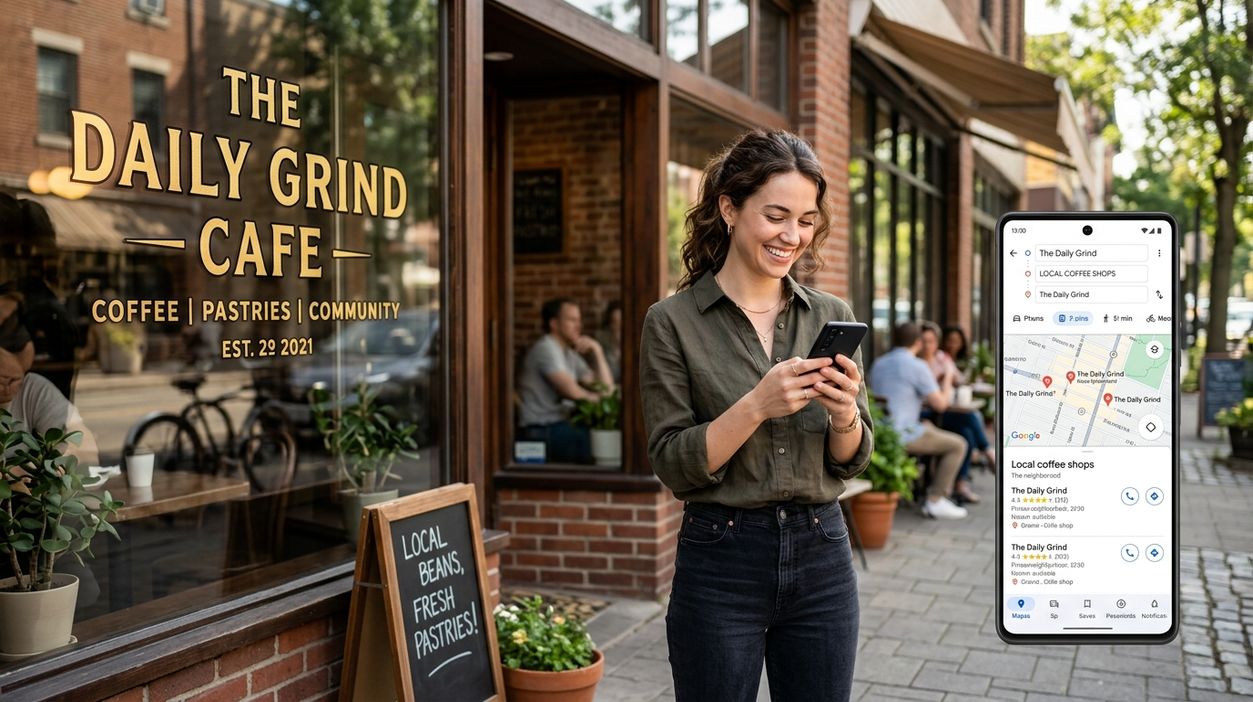 Small business owner checking local SEO map search results on a smartphone outside a cafe