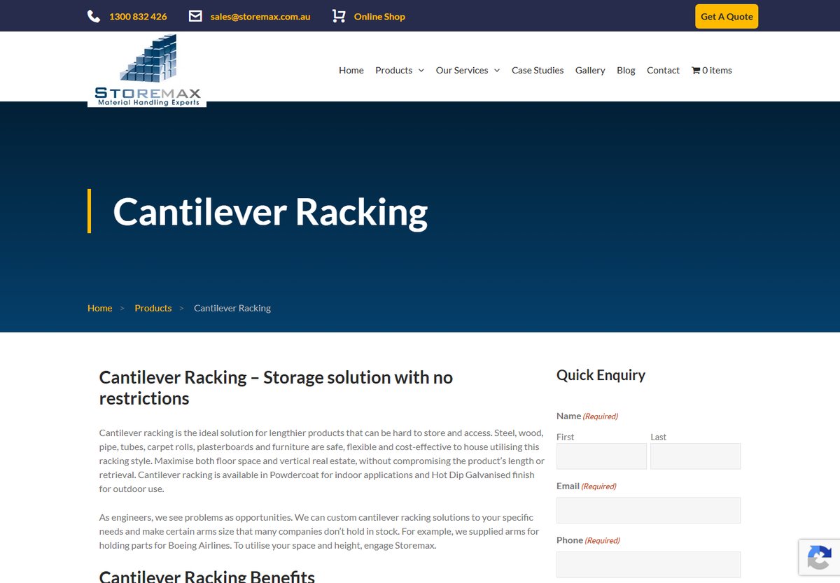 Storemax Australia cantilever racking product page promoted through paid social
