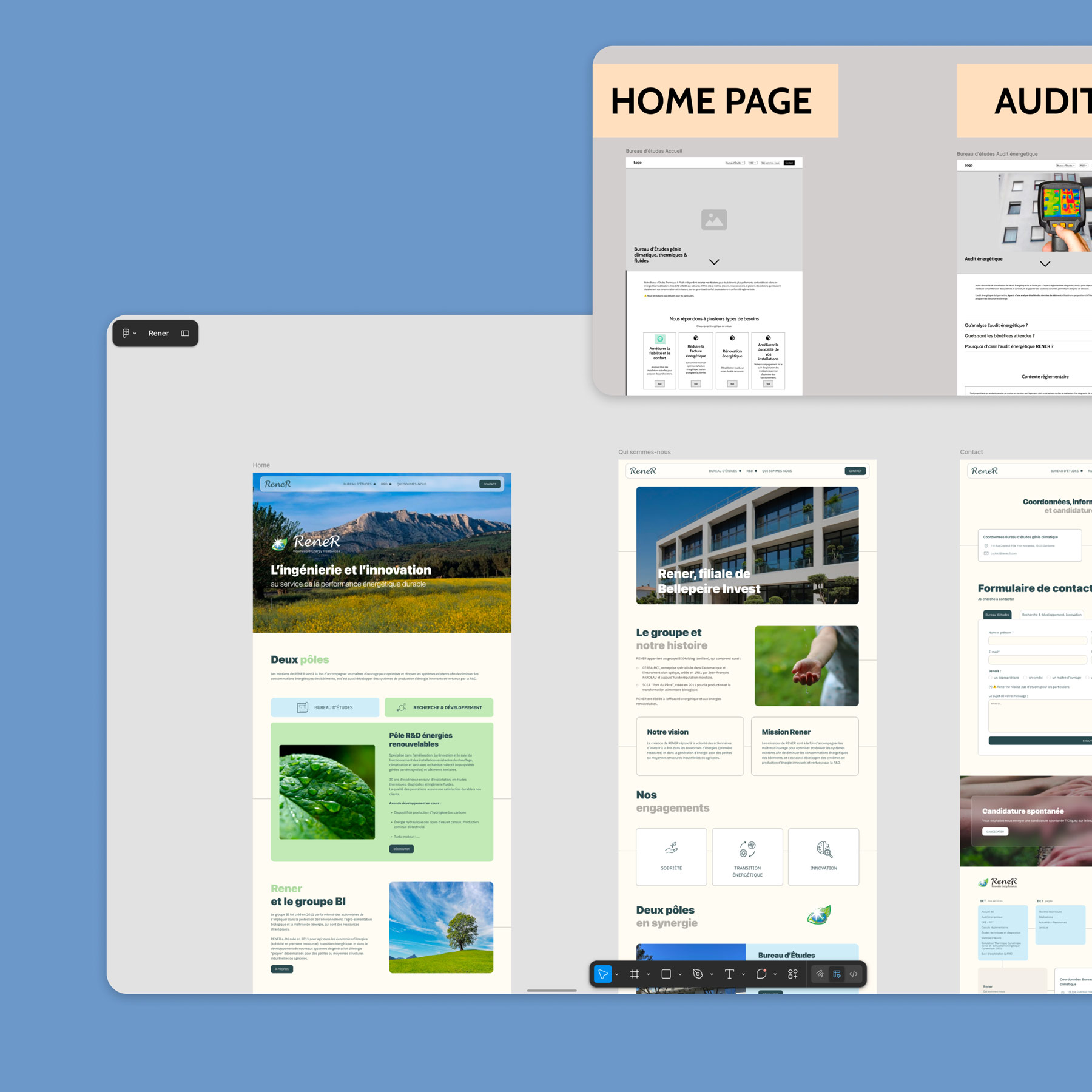 Visuel du wireframe et de la maquette UI-UX lors de la refonte du site internet de Rener.