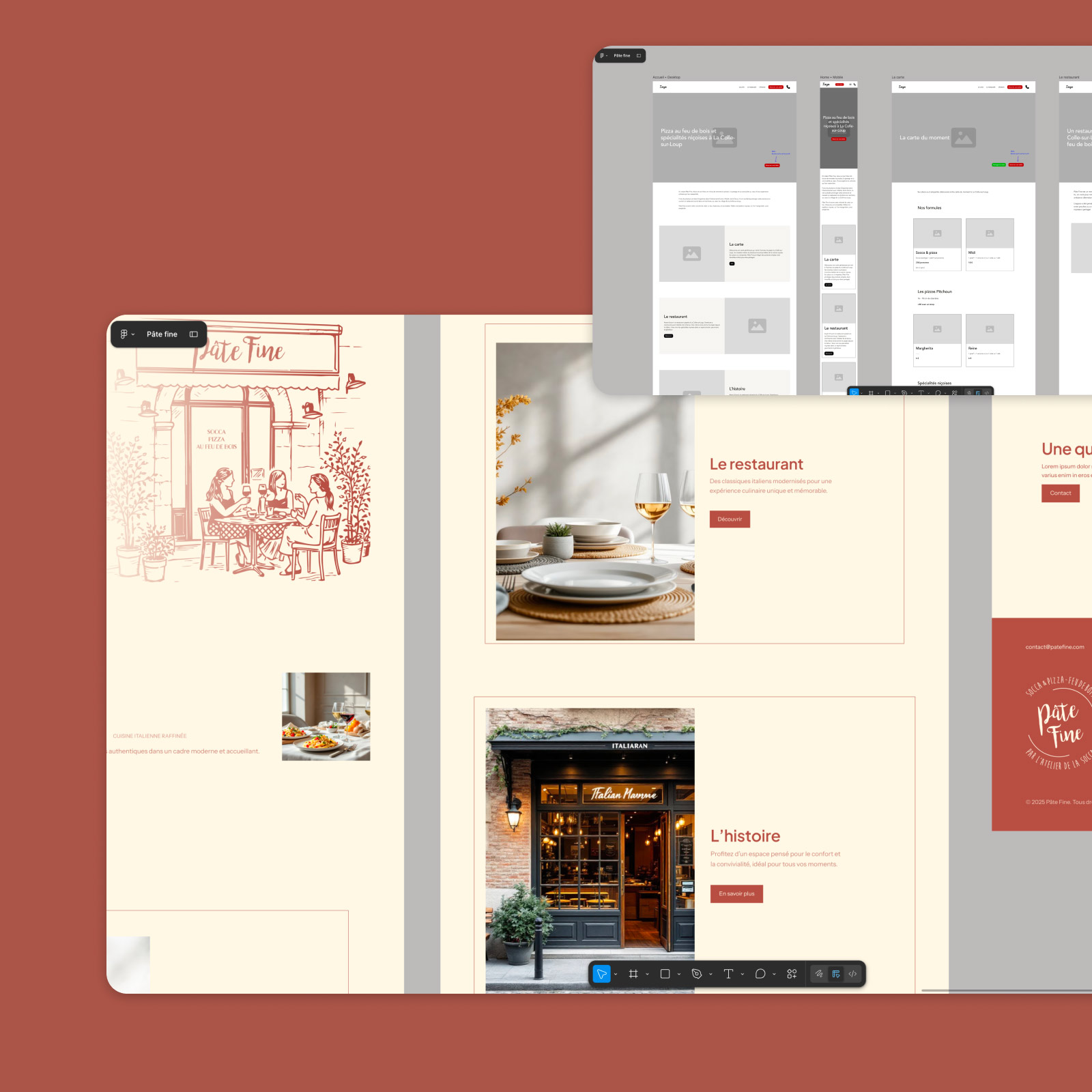 Visuel du wireframe et de la maquette UI-UX du nouveau site internet pour restaurant Pâte Fine.