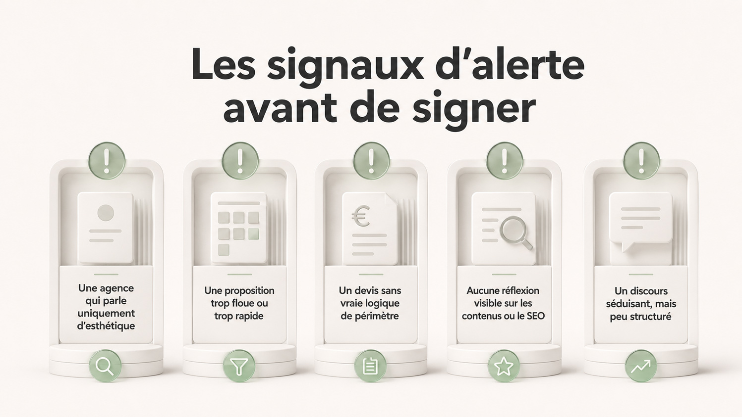 Infographie listant les 5 signaux d’alerte à repérer avant de signer avec une agence web : discours trop esthétique, proposition floue, devis mal cadré, absence de réflexion sur les contenus ou le SEO, et discours séduisant mais peu structuré.