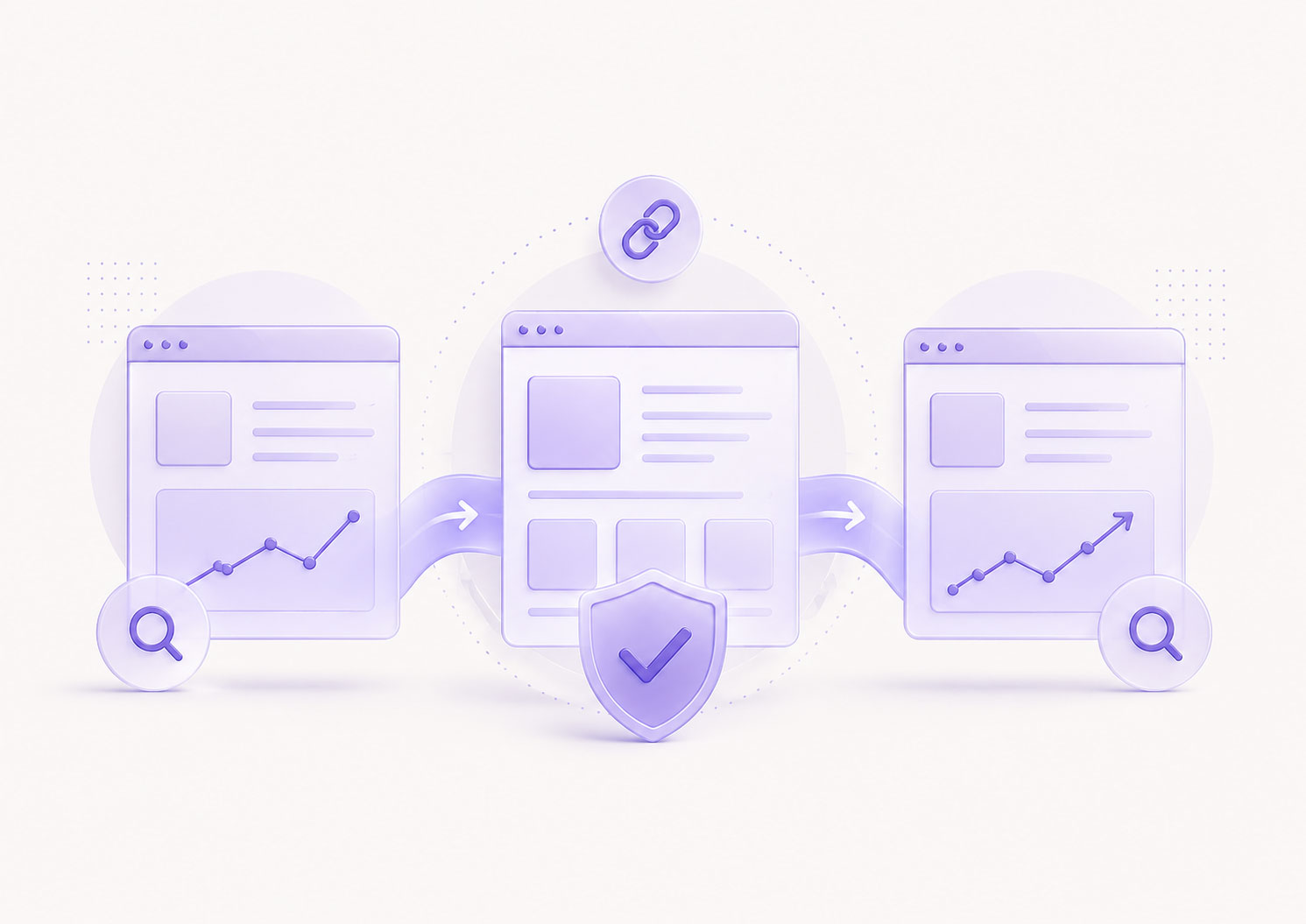 Illustration abstraite premium montrant trois interfaces web reliées par un flux de transition sécurisé, avec un bouclier central violet translucide, pour symboliser une refonte de site maîtrisée sans perte de SEO.