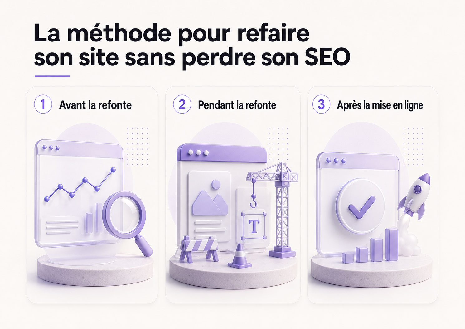 Infographie présentant la méthode en trois étapes pour refaire son site sans perdre son SEO : avant la refonte, pendant la refonte et après la mise en ligne, avec des éléments graphiques violets texturés et translucides.