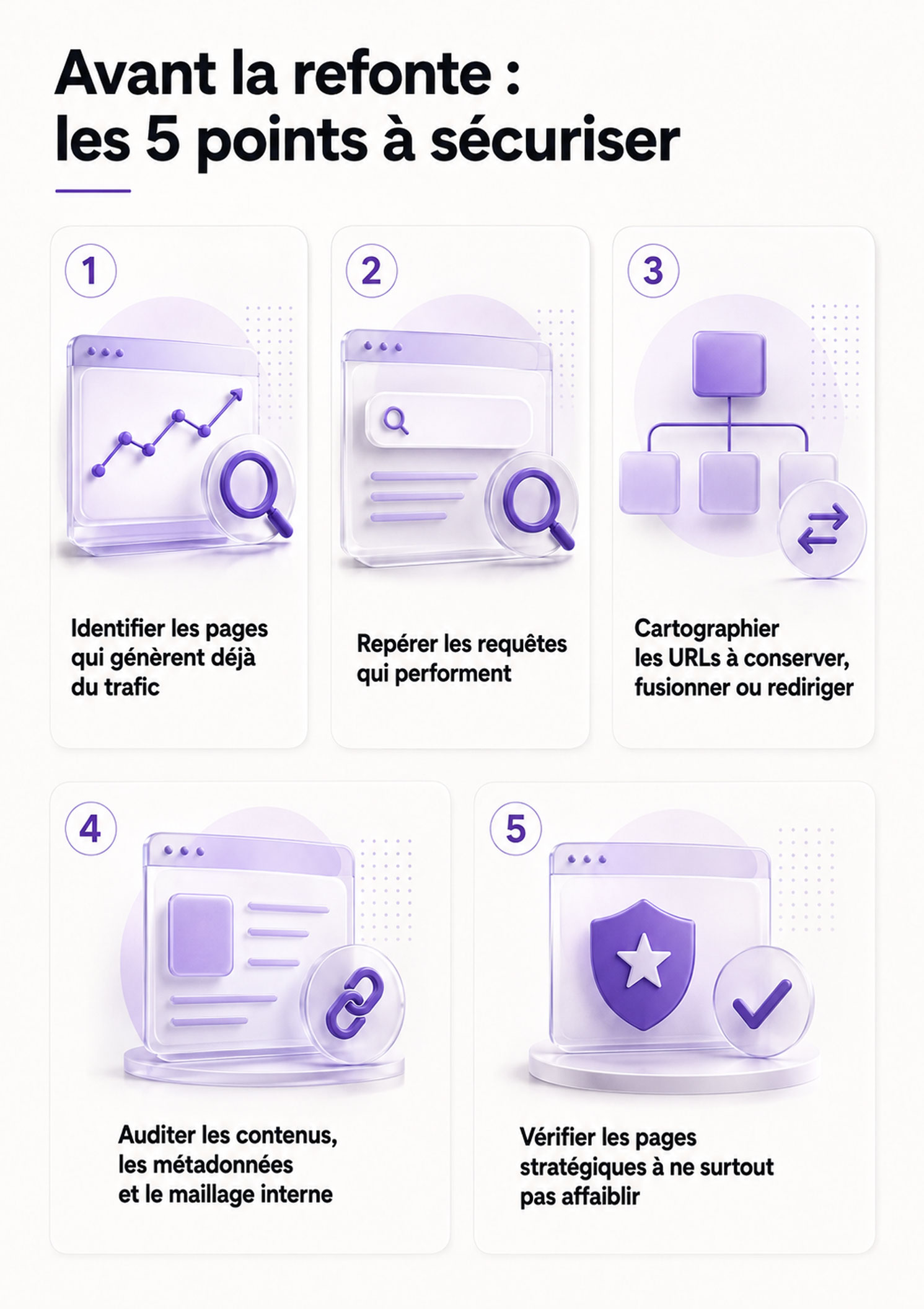 Infographie listant les cinq points à sécuriser avant une refonte de site : identifier les pages qui génèrent du trafic, repérer les requêtes performantes, cartographier les URLs, auditer les contenus et protéger les pages stratégiques.