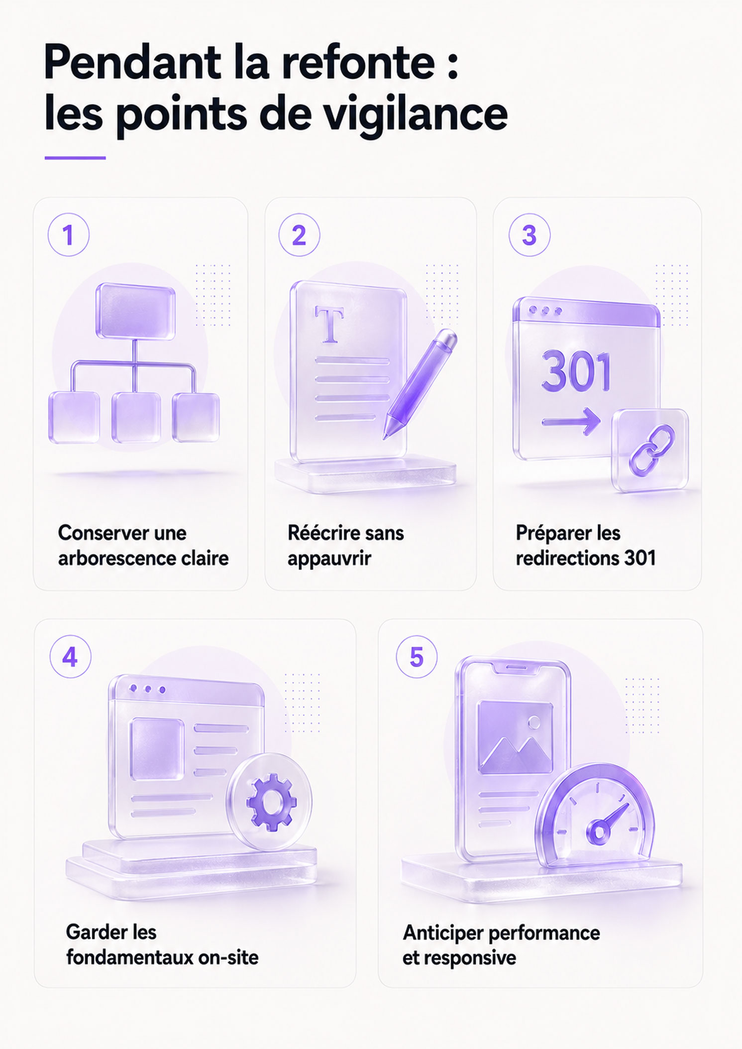 Infographie présentant les cinq points de vigilance pendant une refonte de site : conserver une arborescence claire, réécrire sans appauvrir, préparer les redirections 301, garder les fondamentaux on-site et anticiper les performances techniques et le responsive.