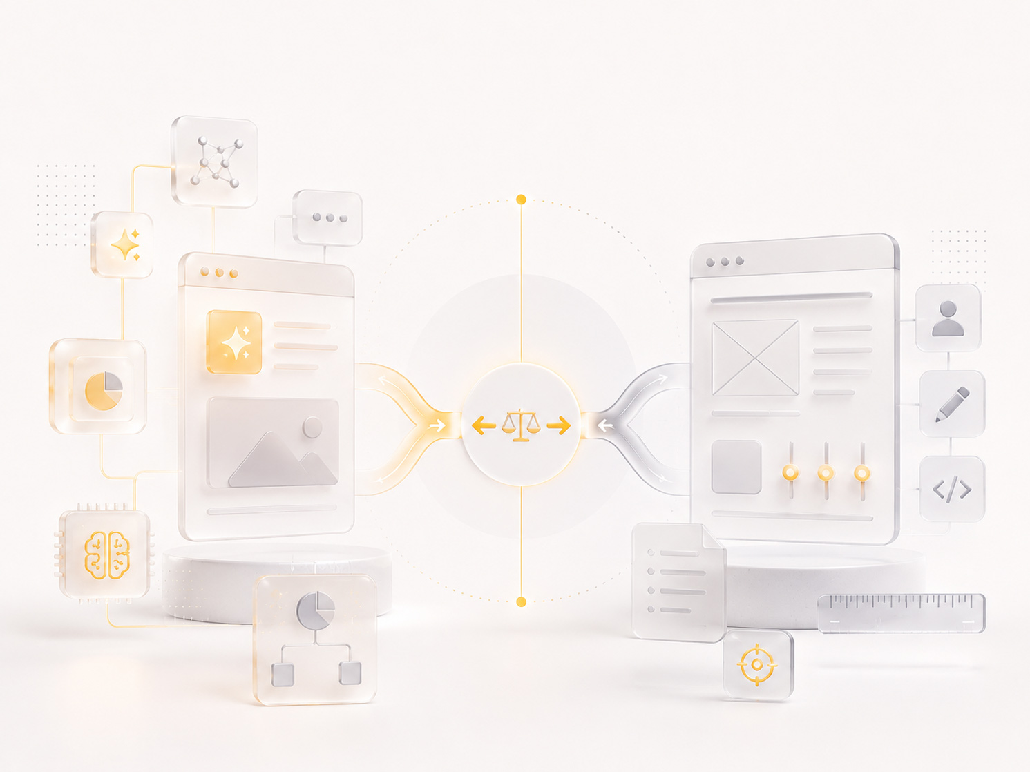 Illustration abstraite premium montrant deux approches de création de site reliées par un point d’équilibre central, avec interfaces translucides et accent ambre, pour symboliser le choix entre IA et agence web.