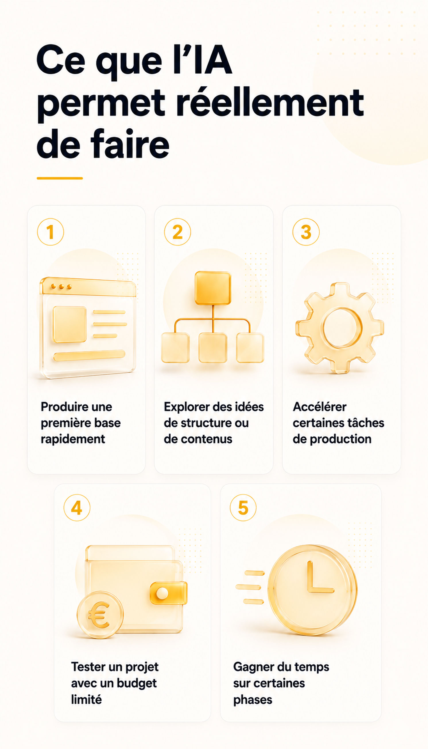 Infographie verticale illustrant cinq apports concrets de l’IA dans la création d’un site : produire une première base rapidement, explorer des idées de structure, accélérer certaines tâches, tester un projet avec un budget limité et gagner du temps sur certaines phases.