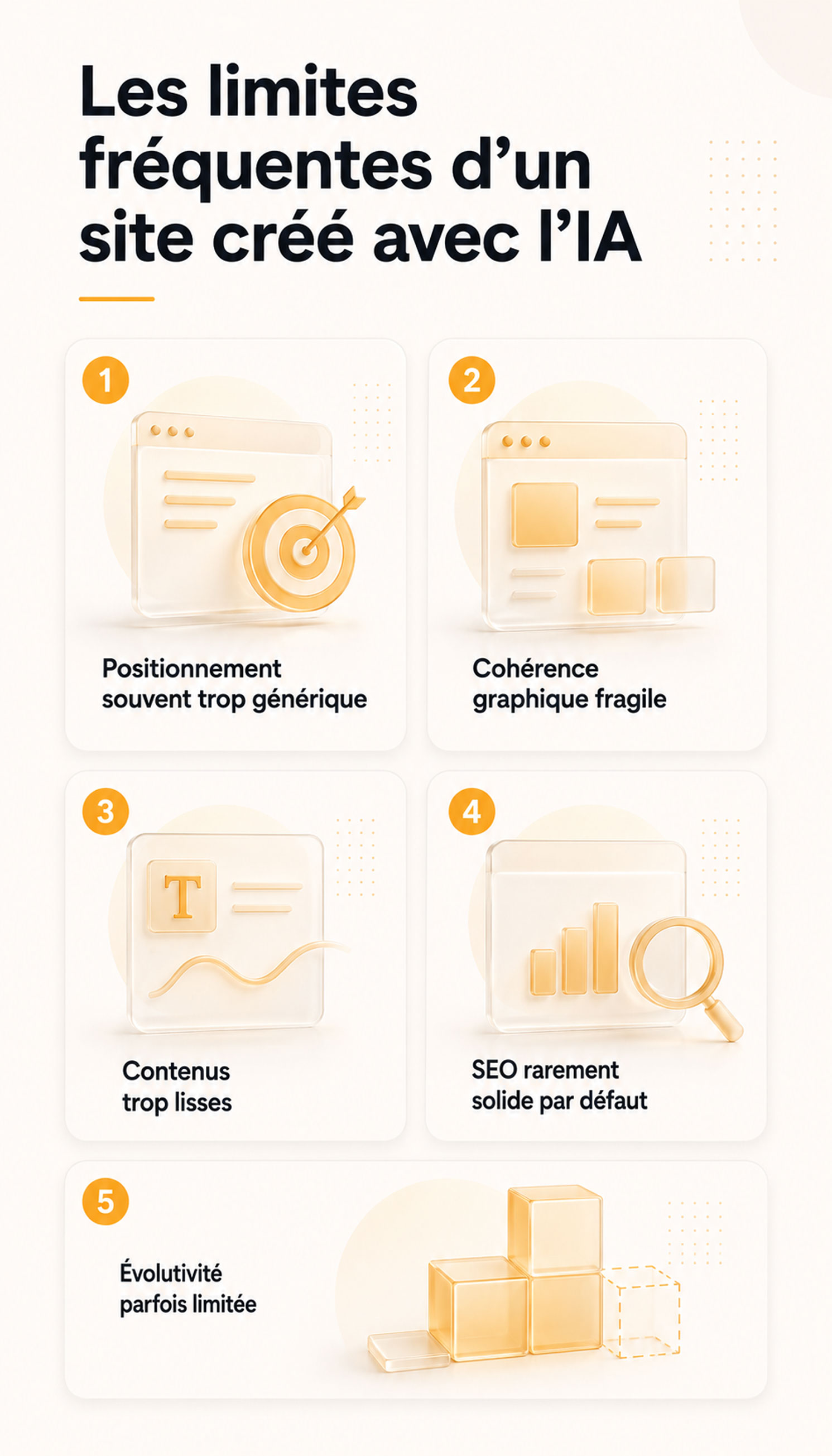Infographie verticale présentant les principales limites d’un site créé avec l’IA : positionnement trop générique, cohérence graphique fragile, contenus trop lisses, SEO rarement solide par défaut et évolutivité parfois limitée.