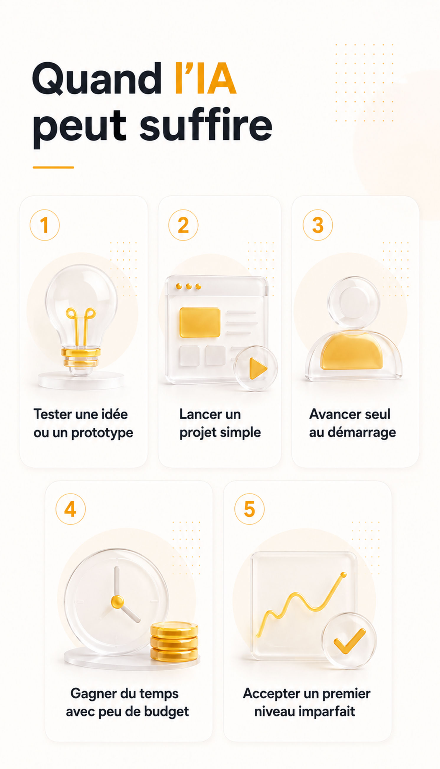Infographie verticale montrant dans quels cas l’IA peut suffire pour créer un site : tester une idée ou un prototype, lancer un projet simple, avancer seul au démarrage, gagner du temps avec peu de budget et accepter un premier niveau imparfait.