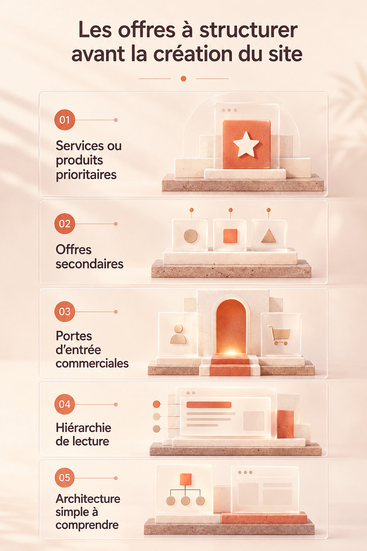 Infographie verticale montrant les offres à structurer avant la création d’un site internet : services ou produits prioritaires, offres secondaires, portes d’entrée commerciales, hiérarchie de lecture et architecture simple à comprendre.