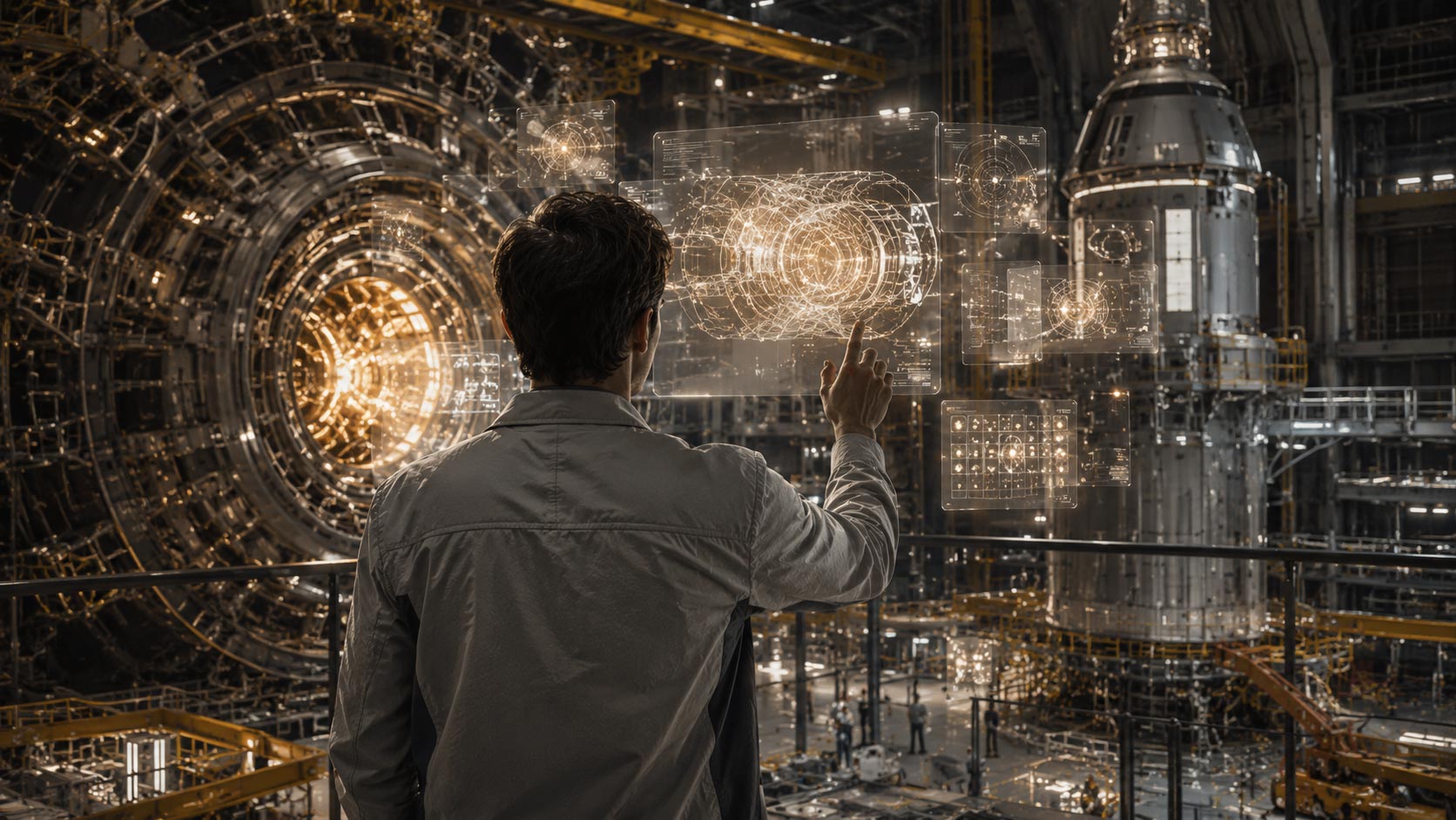 Un ingénieur et ses équipes près d’une machine ultra-sophistiquée comme un Tokamak dans un grand hangar comme ceux de la NASA, dans lequel les ingénieurs assemblent et préparent les satellites, pour représenter l’optimisation du site internet pour Google Overviews.