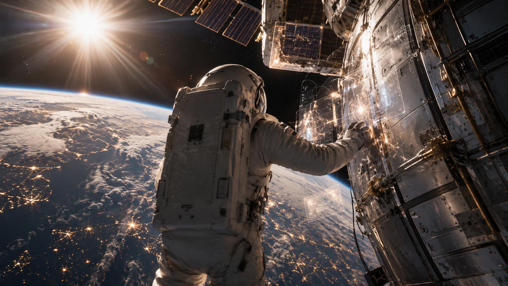 Un astronaute dans l'espace qui est en train de faire une sortie extra-véhiculaire et qui travaille sur un module d'une station comme celle d'ISS, pour représenter la création des futurs sites internet optimisés pour Google Overviews.