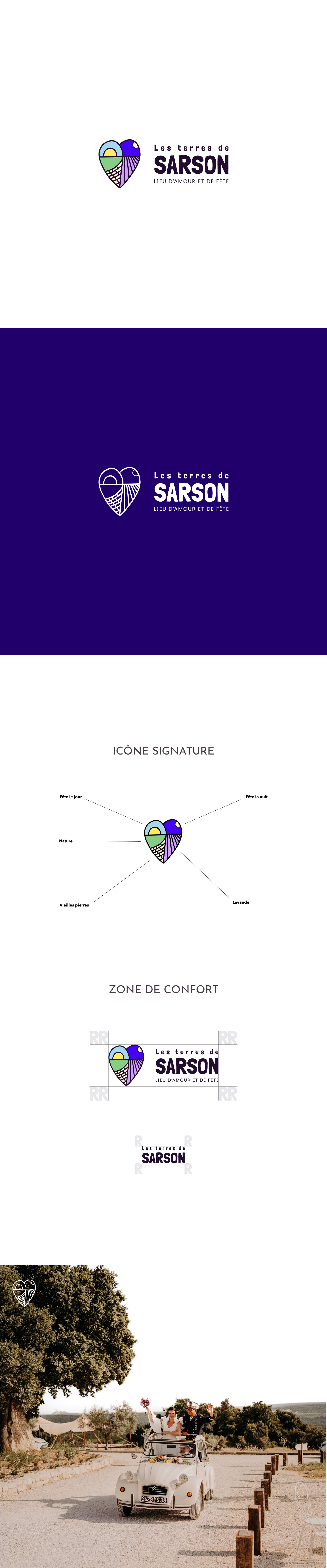 Des visuels du nouveau branding de Sarson avec les différents logos, l'icône signature ou encore les zones de confort.