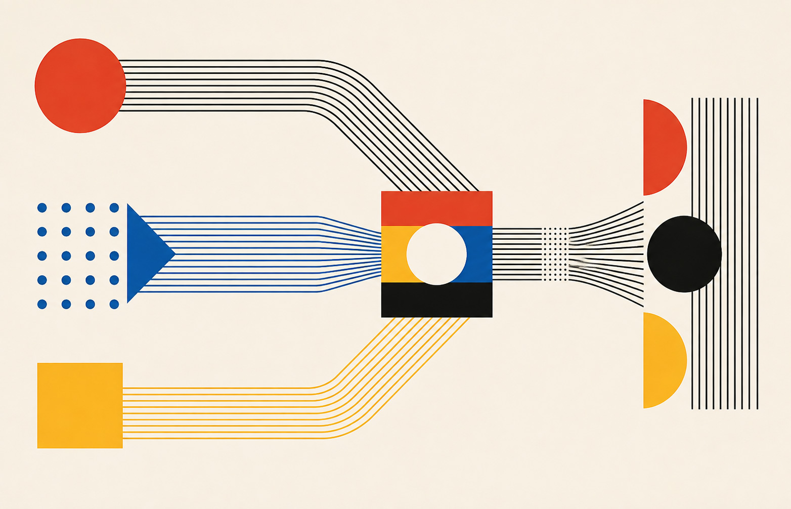 Composition abstraite représentant la convergence du SEO, de l’intelligence artificielle et du GEO vers un site internet structuré.