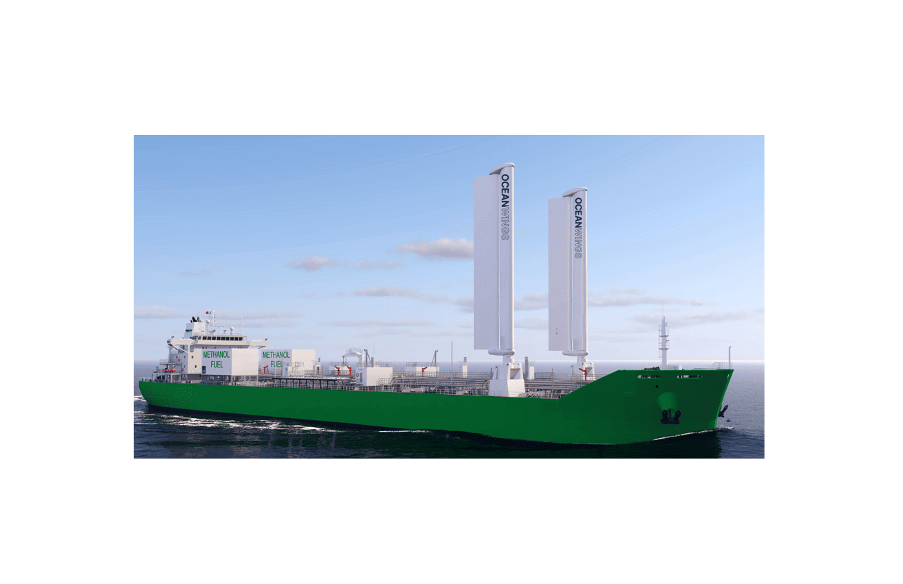 A MR tanker equipped with 2 Rigid Tiltable Wingsails, on a calm ocean under the blue sky