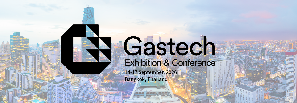 The logo of Gastech and its date (14-17 September) and its location (Bangkok, Thailand) are indicated on the background photo of Bangkok metropolian landscape