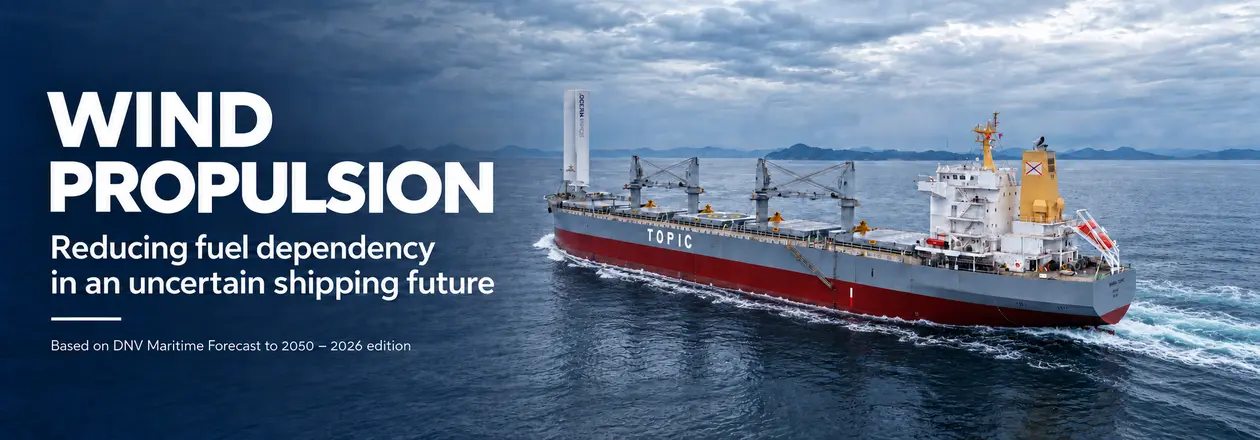 Maria Topic Ultramax Bulk carrier sailing with an OceanWings wingsail, illustrating how wind propulsion can reduce fuel dependency.
