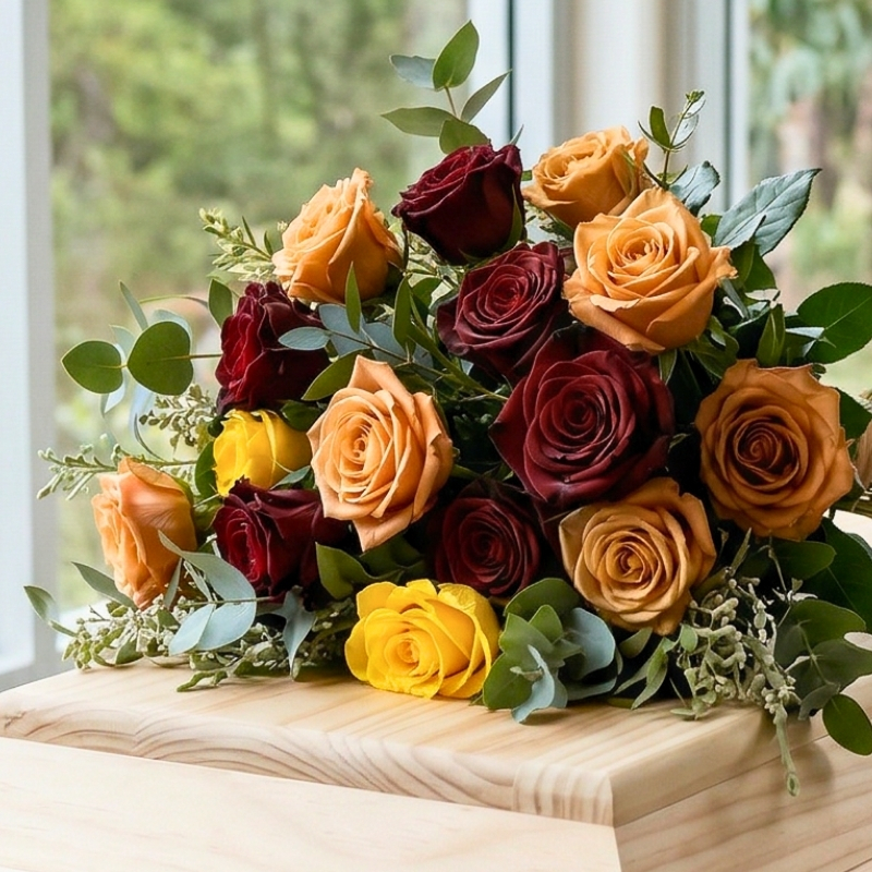 Pink and cream rose funeral arrangement