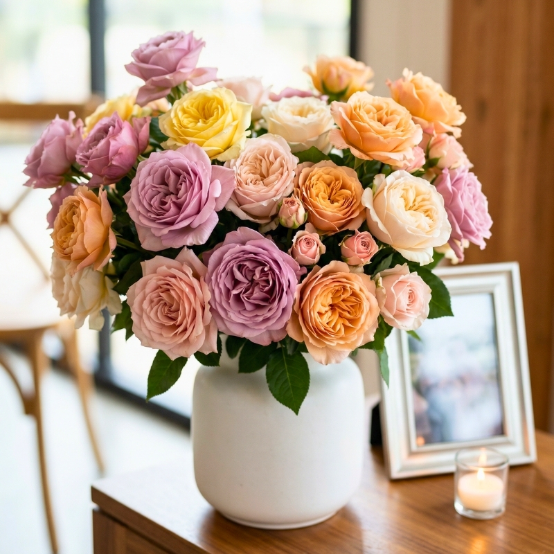 Classic rose funeral flowers in warm tones