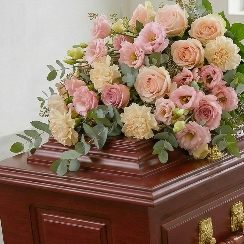 Gentle pastel flower arrangement for funeral service
