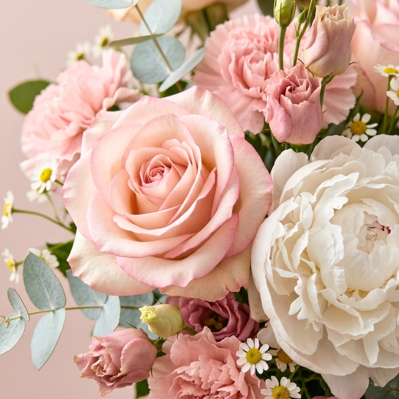 Delicate pastel funeral tribute with seasonal blooms