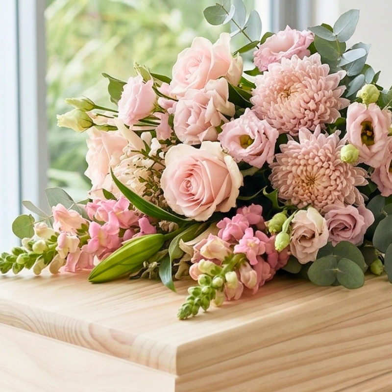 Pastel funeral flowers in soft lavender and blush tones