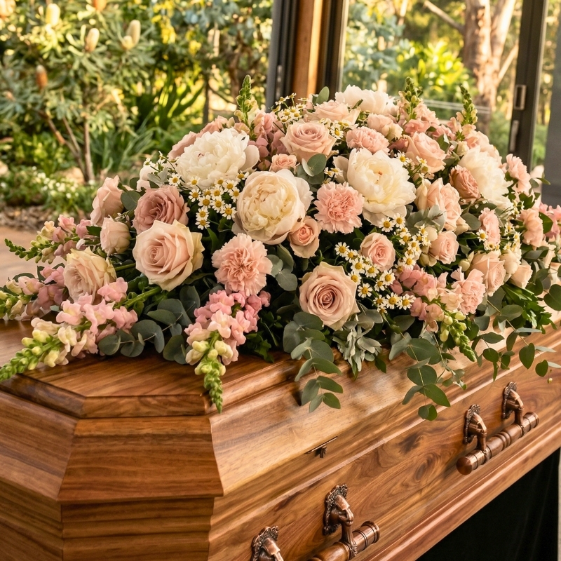 Soft pink and cream pastel funeral arrangement