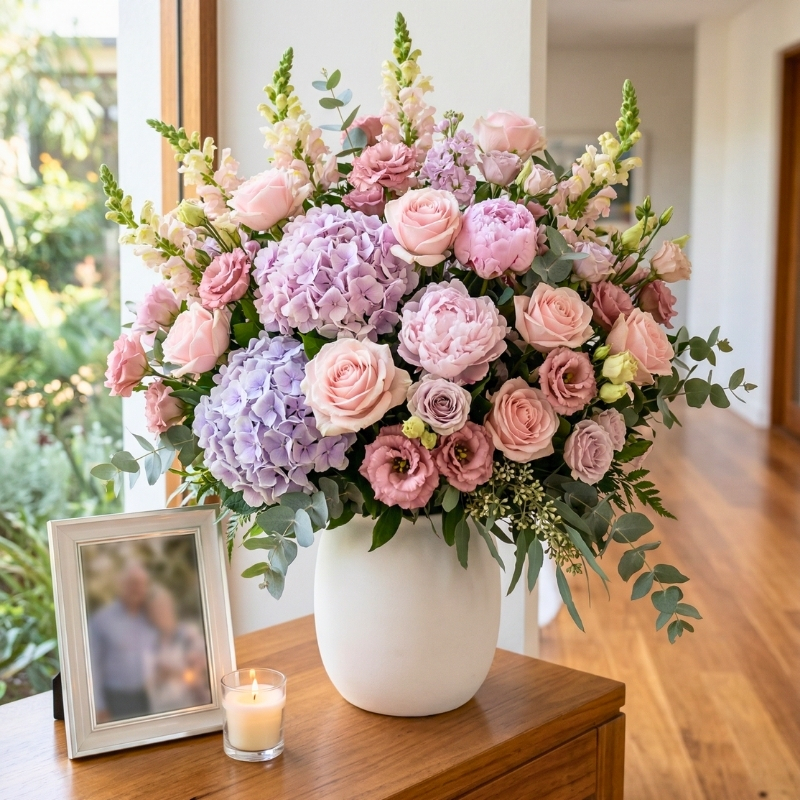 Soft-toned pastel funeral flowers with mixed varieties