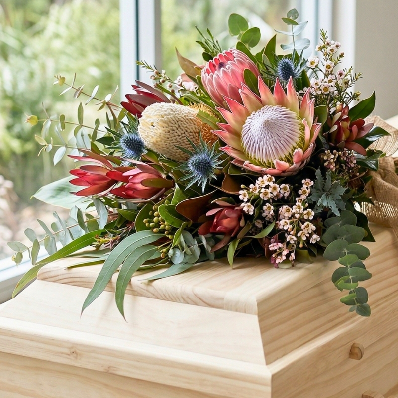 Australian native wildflower funeral arrangement with proteas