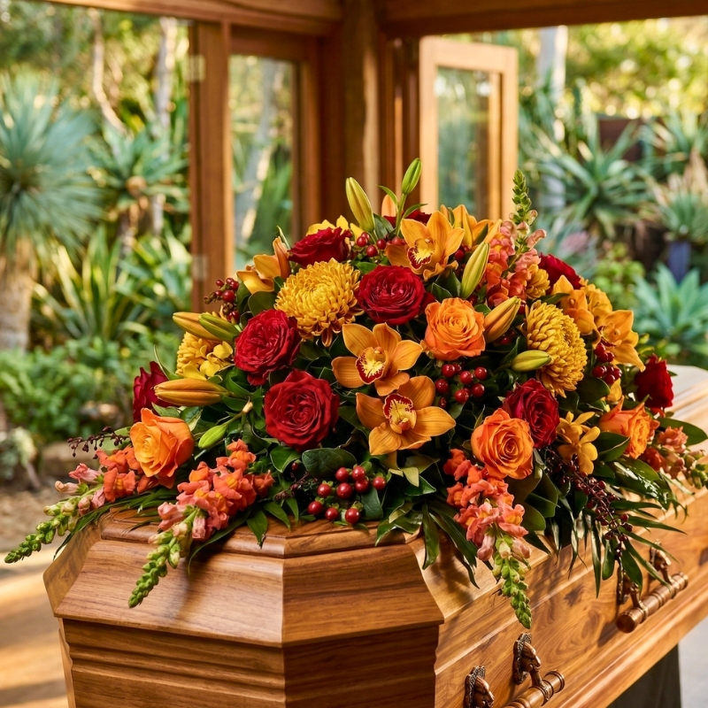 Colourful funeral tribute with sunflowers and bright blooms