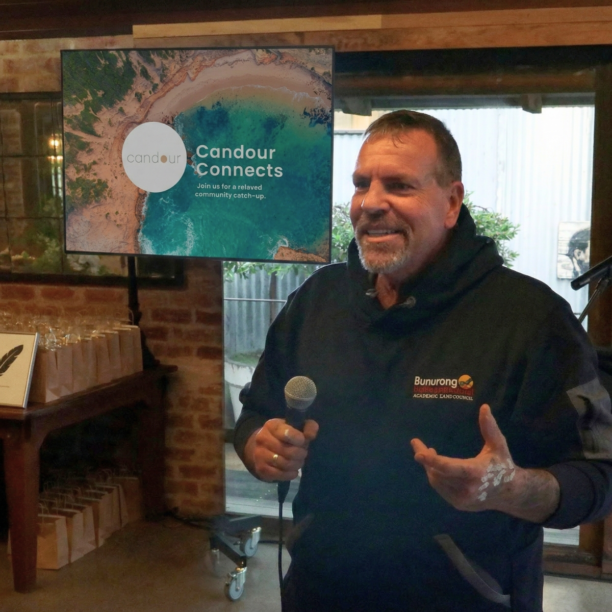 Uncle Josh West delivering Welcome to Country at Candour Champions evening