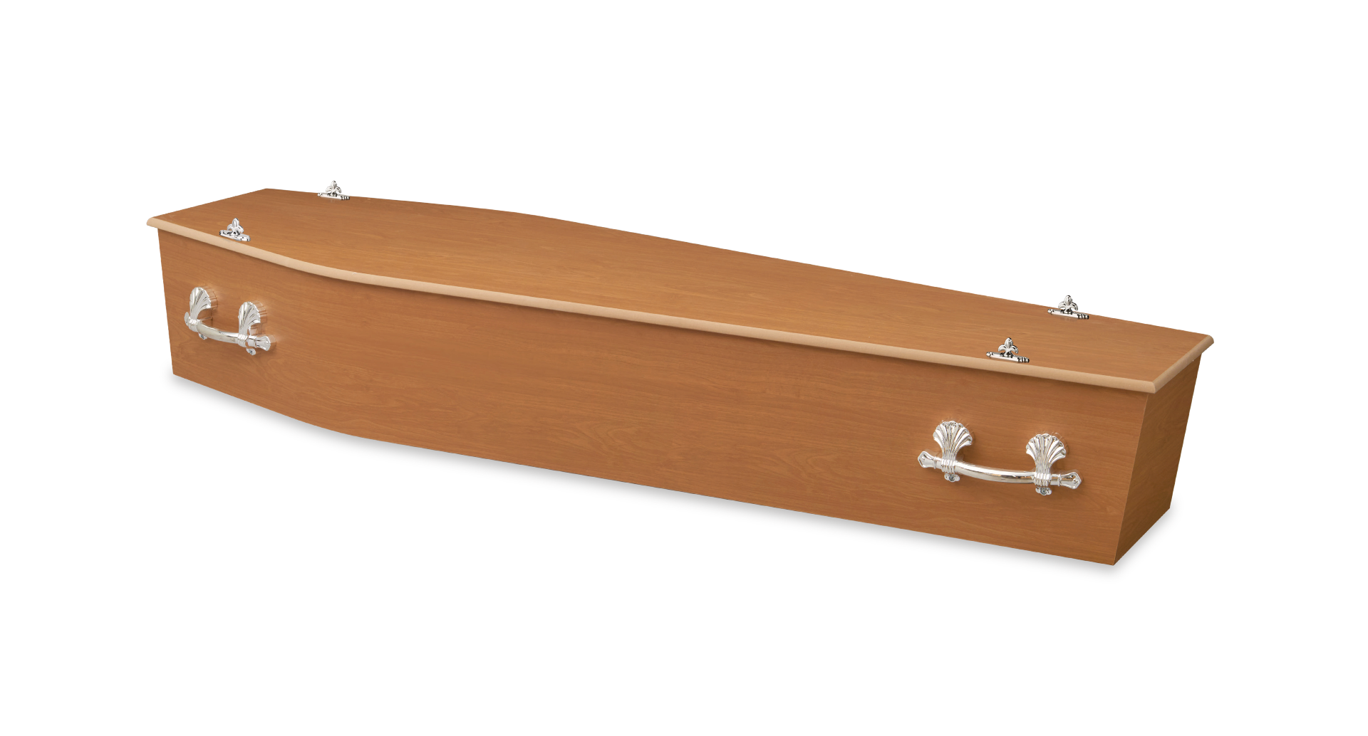 Lambeth coffin — warm timber look with silver handles